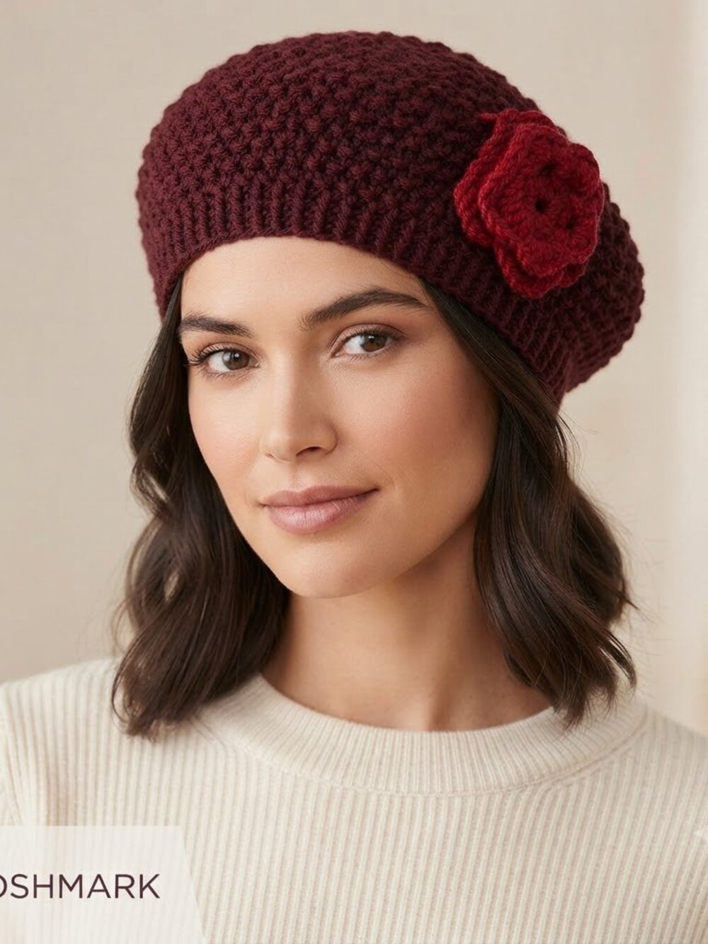 Slouchy Beanie Hat Cap Burgundy Red with flower hand made Boho style